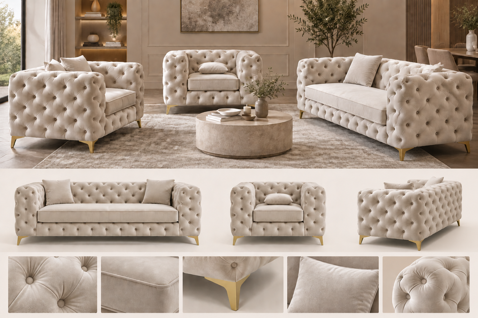 Light button-tufted sofa and armchair collection shown with detail views.