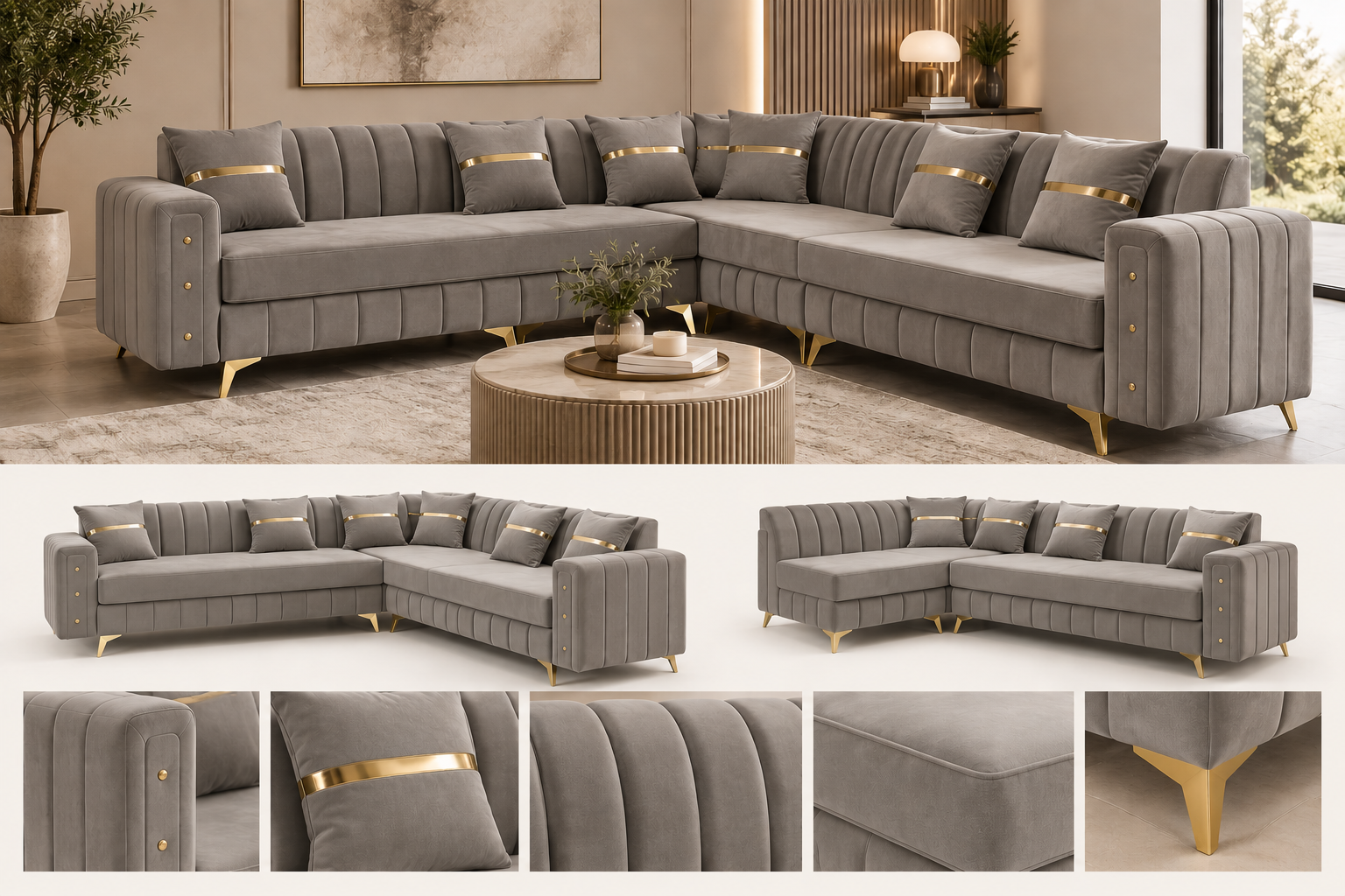 Grey corner sofa with vertical channel detailing shown with additional views.