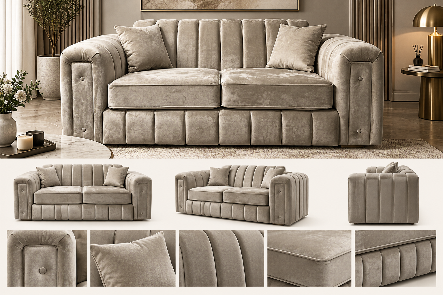 Neutral sofa with rolled arms and a vertically padded front shown with detail views.