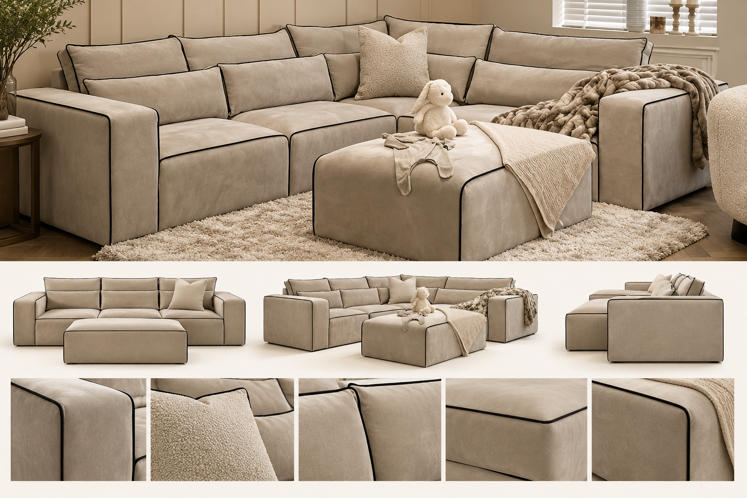 Neutral corner sofa with a matching footstool shown with additional views.