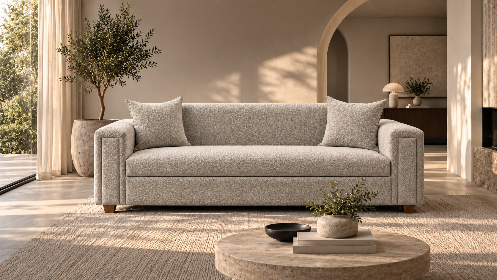 Light upholstered sofa with curved armrests in a living room.
