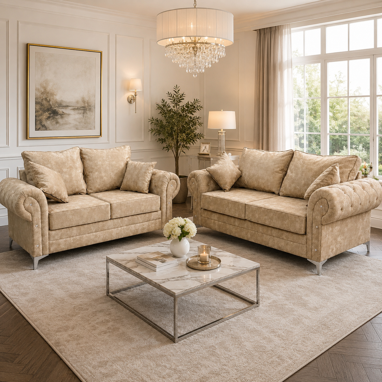 Neutral sofa set with rounded arms and loose back cushions.