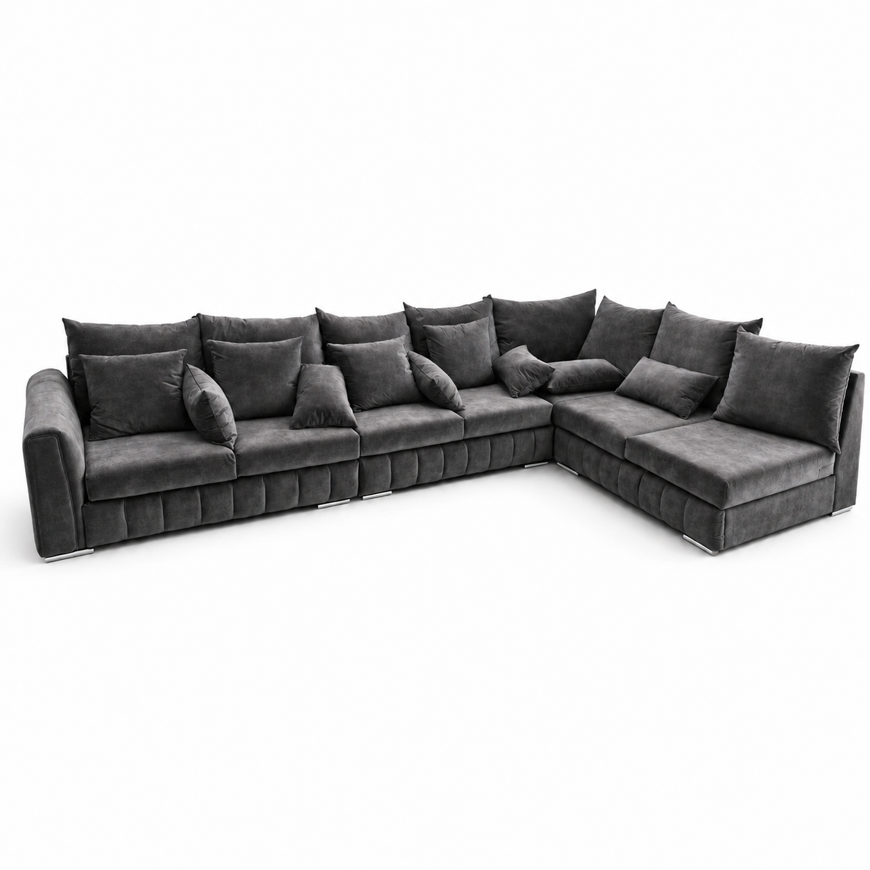 Dark corner sofa with loose back cushions against a white background.