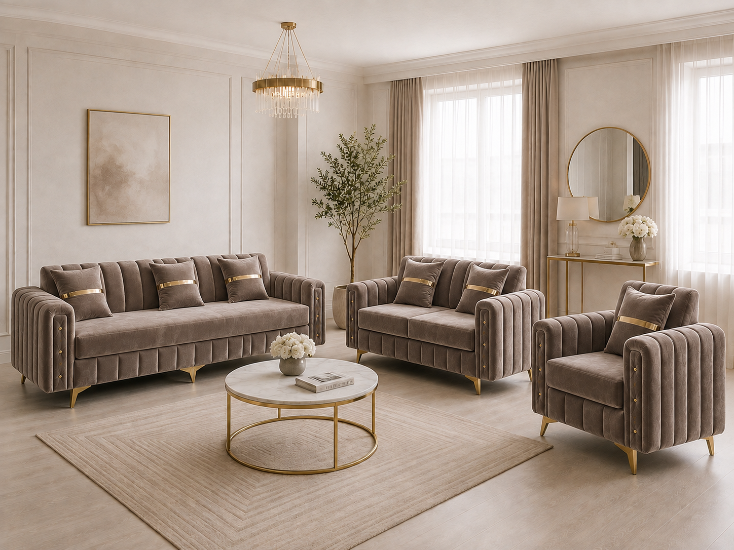Neutral sofa and chair set with curved channel-padded arms.