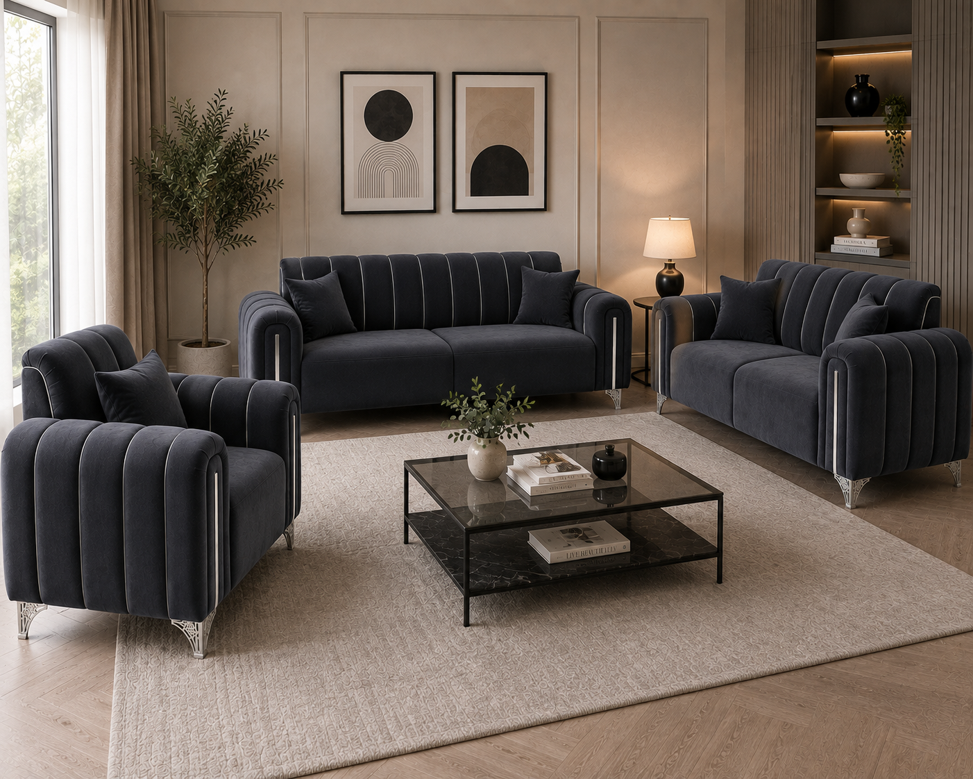 Dark sofa and chair set with curved channel-padded arms.
