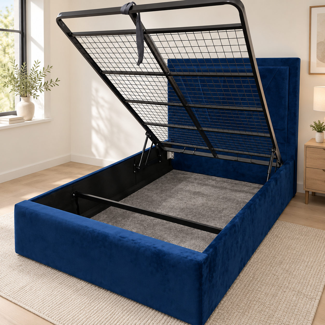 Blue upholstered storage bed with its lifting frame open.