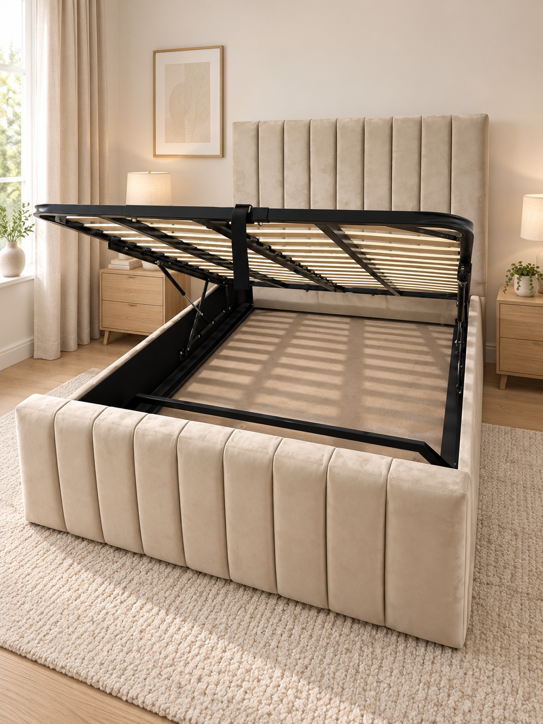 Cream upholstered storage bed with its lifting frame open.