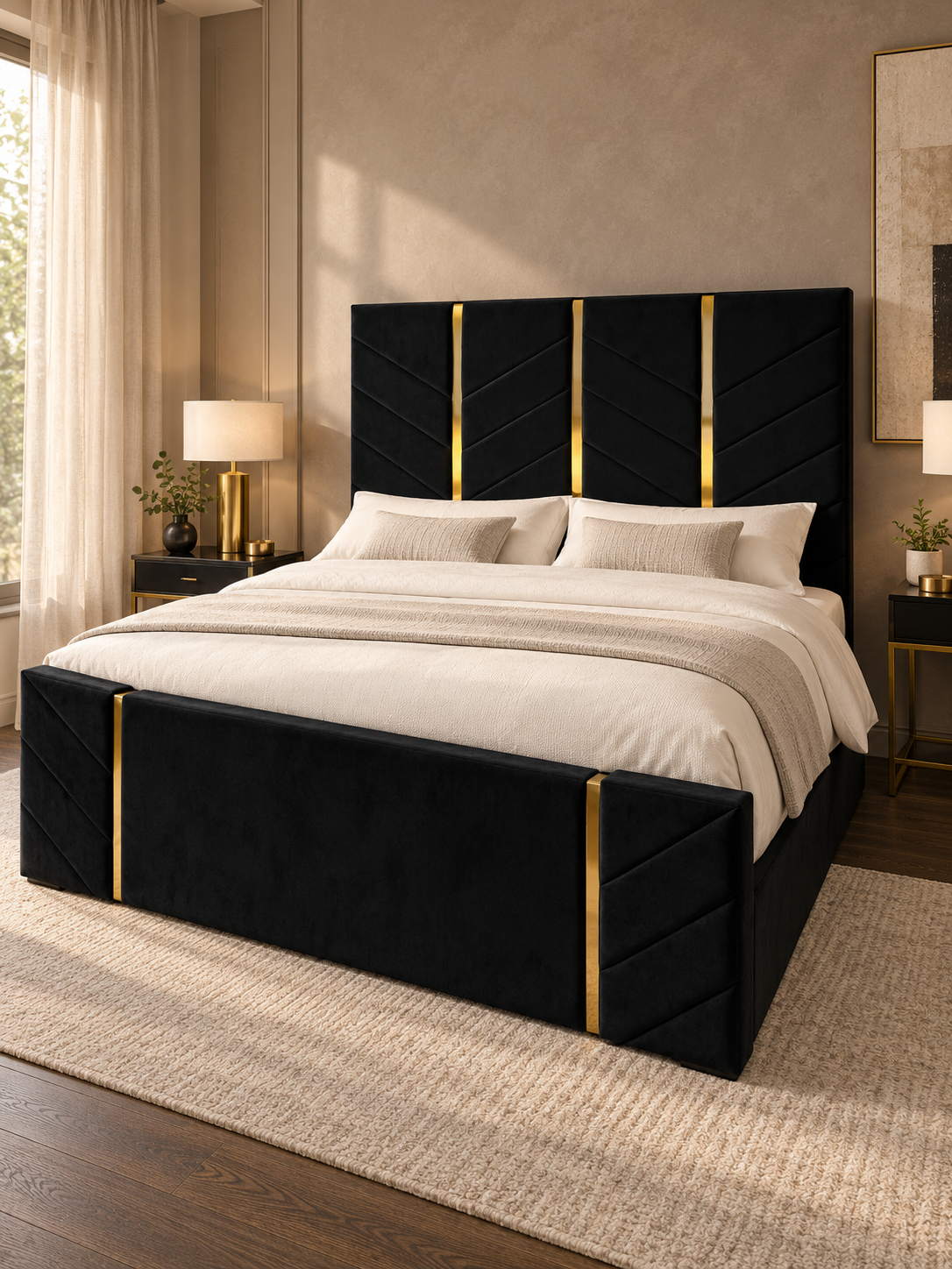 Black upholstered bed with vertical gold-tone trim.