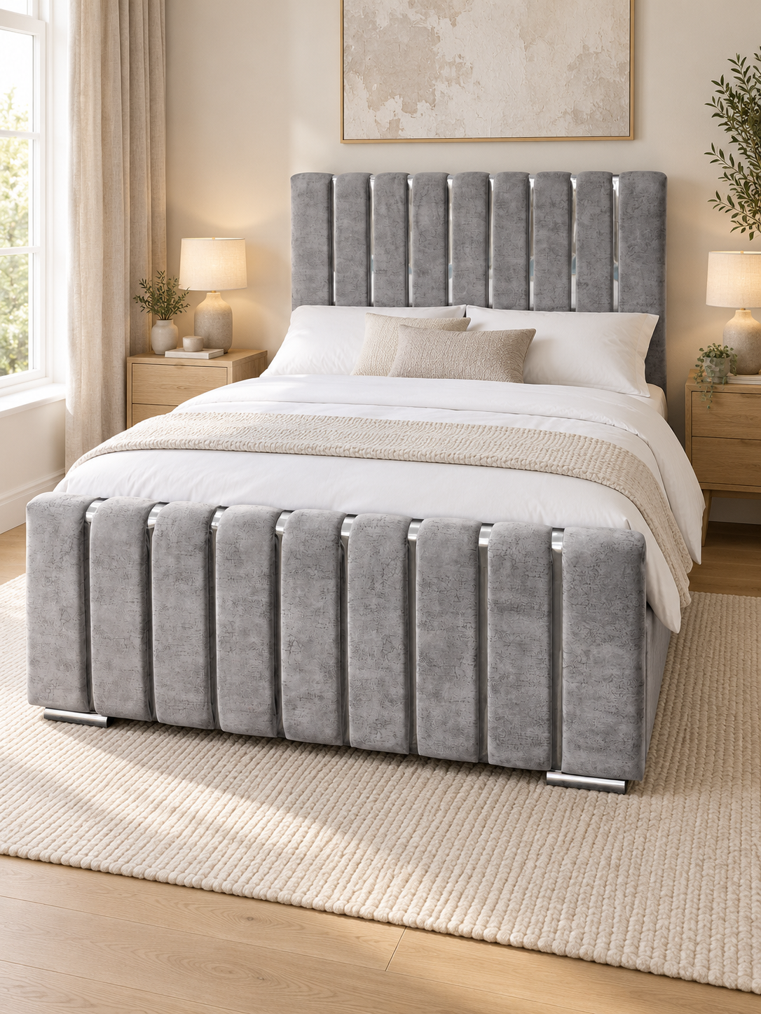 Silver-grey upholstered bed with vertical channel detailing.