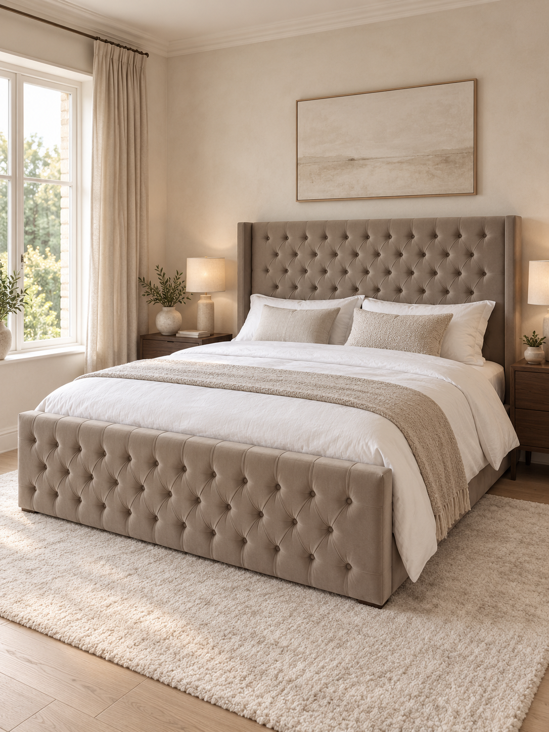 Light button-tufted upholstered bed with a padded footboard.
