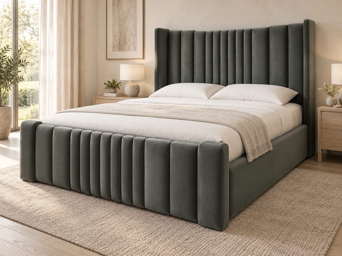 Dark upholstered bed with rounded vertical channel detailing.