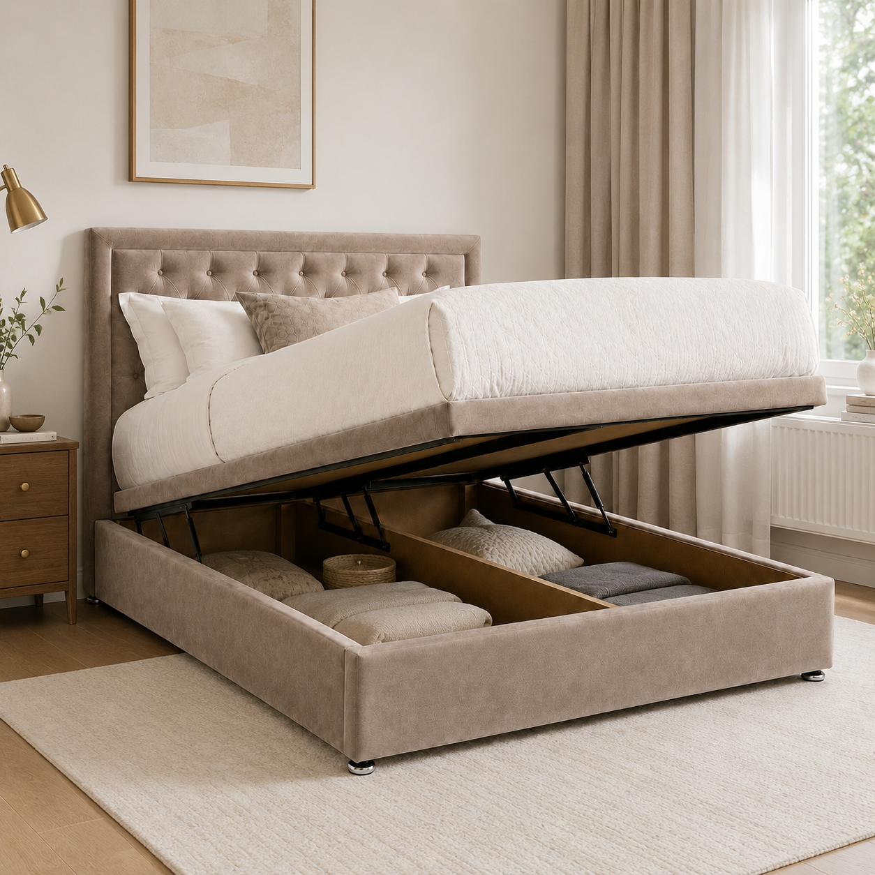 Light upholstered ottoman bed with its mattress platform lifted.