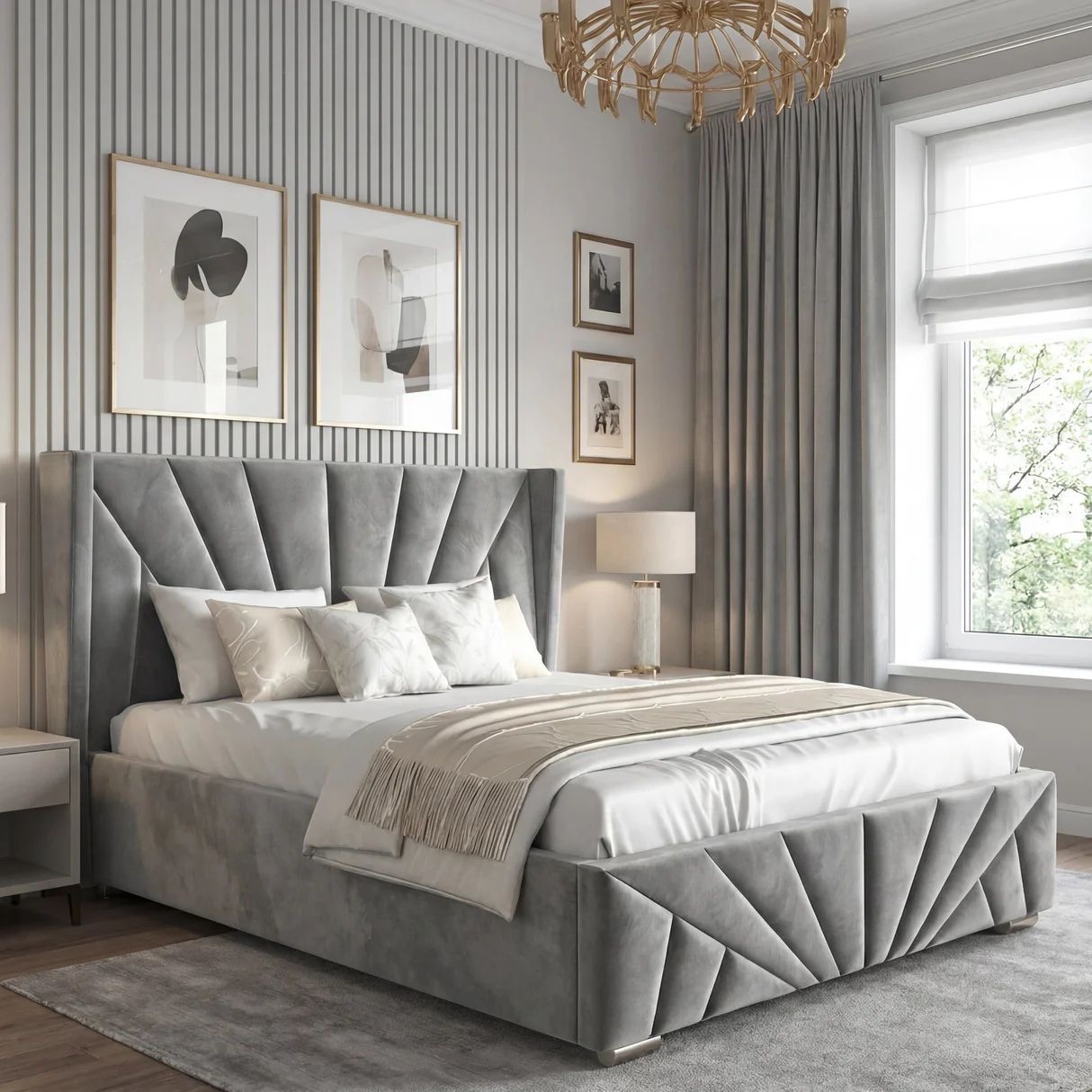 Grey upholstered bed with geometric diagonal panels.