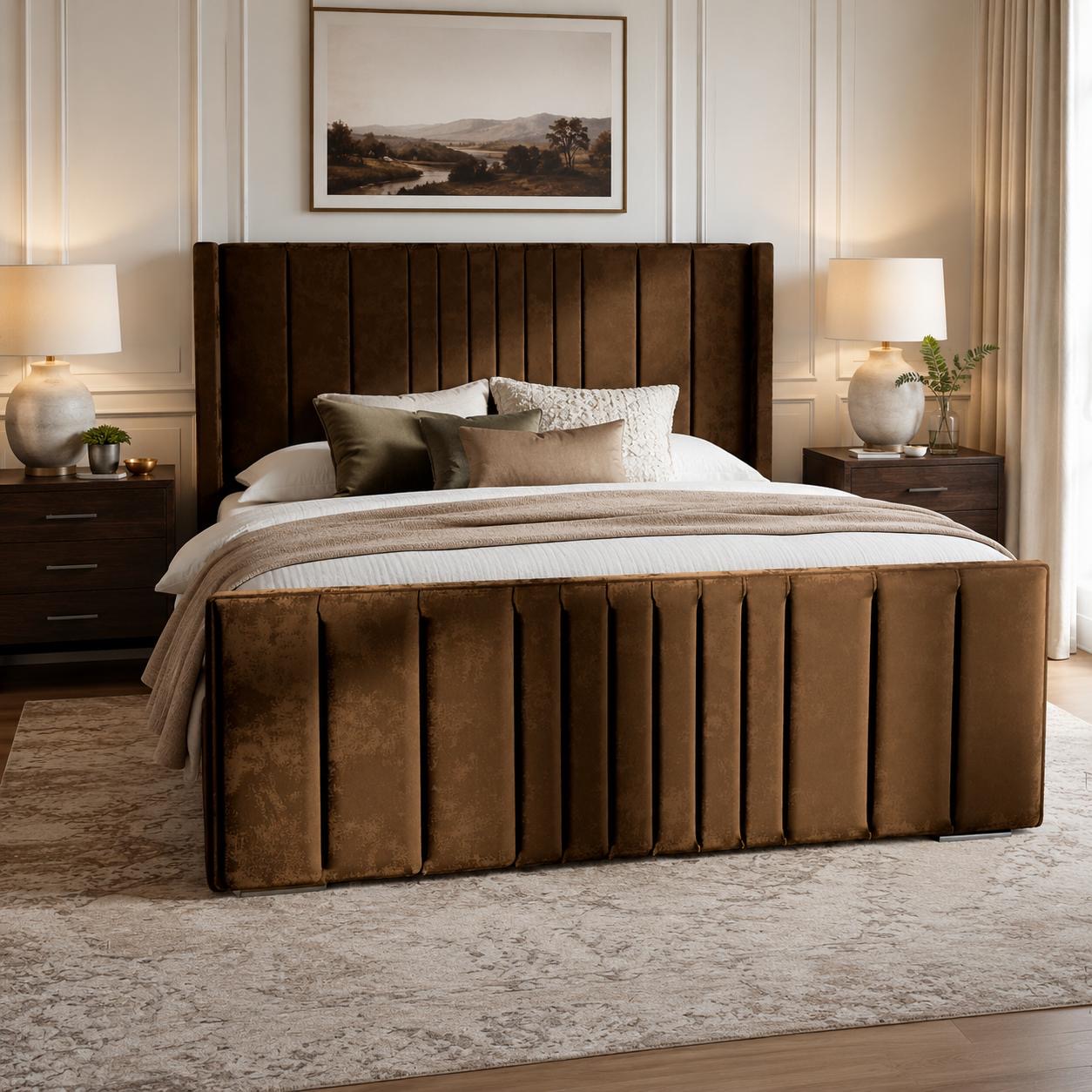 Brown upholstered bed with vertical panel detailing.