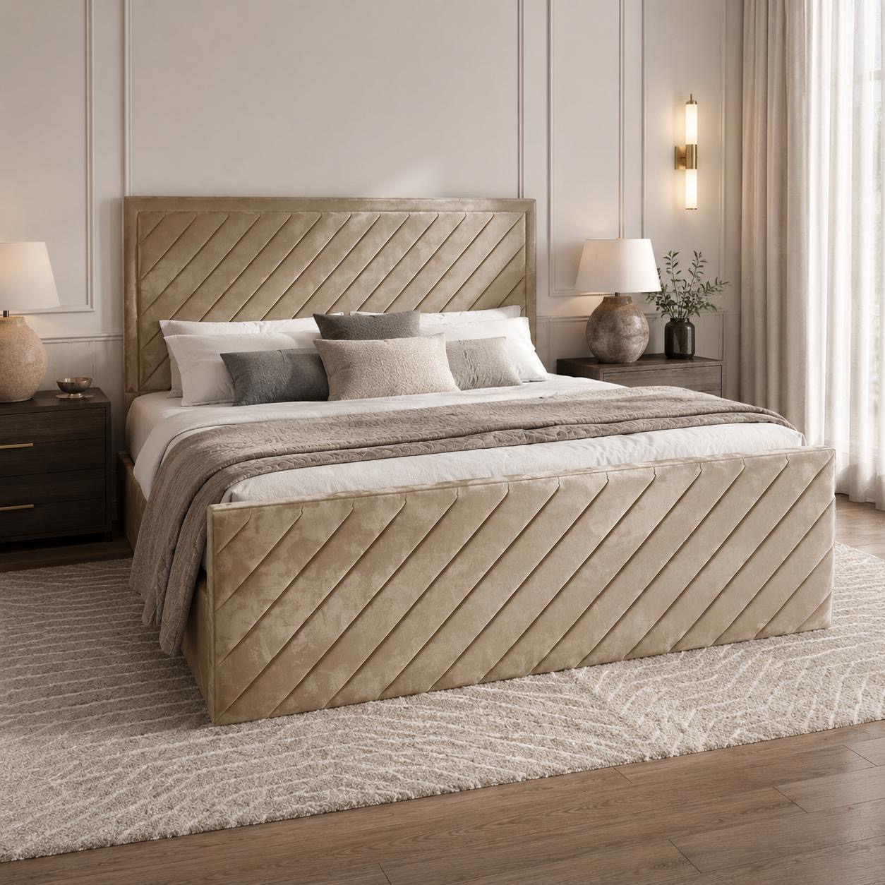 Neutral upholstered bed with diagonal padded panels.
