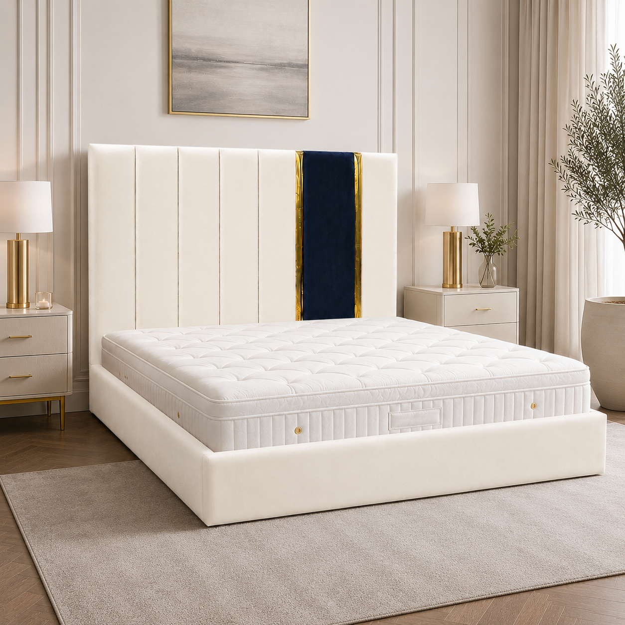 Light upholstered bed with a contrasting dark vertical panel and gold-tone trim.