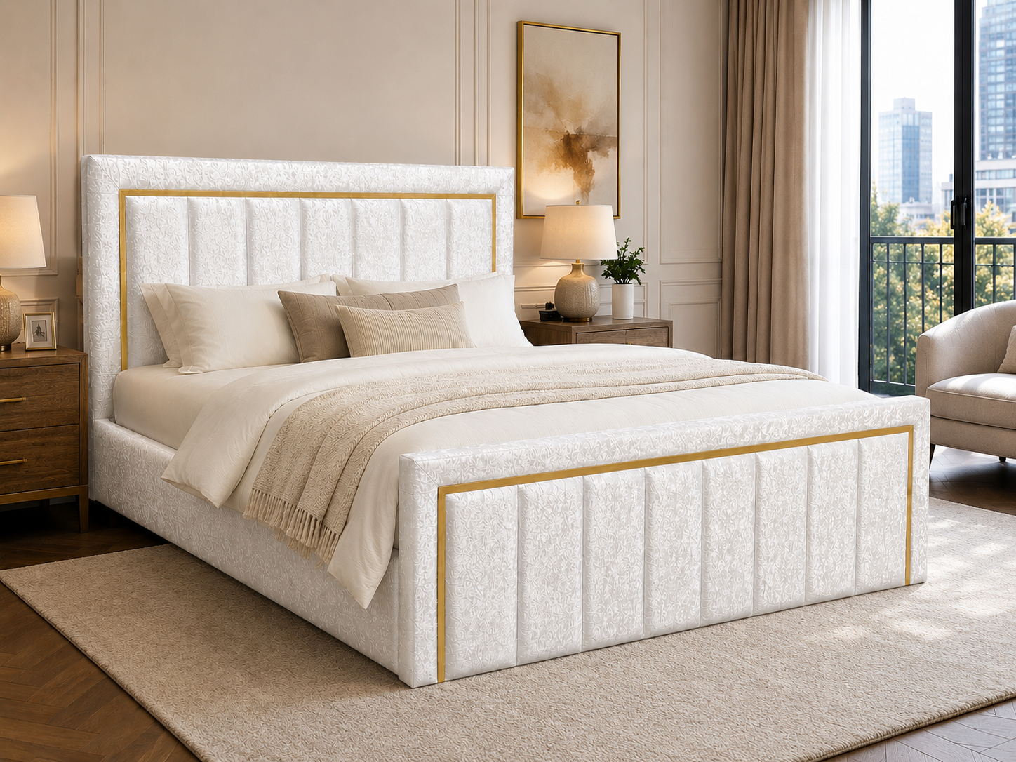 Light upholstered bed with gold-tone bordered panels.